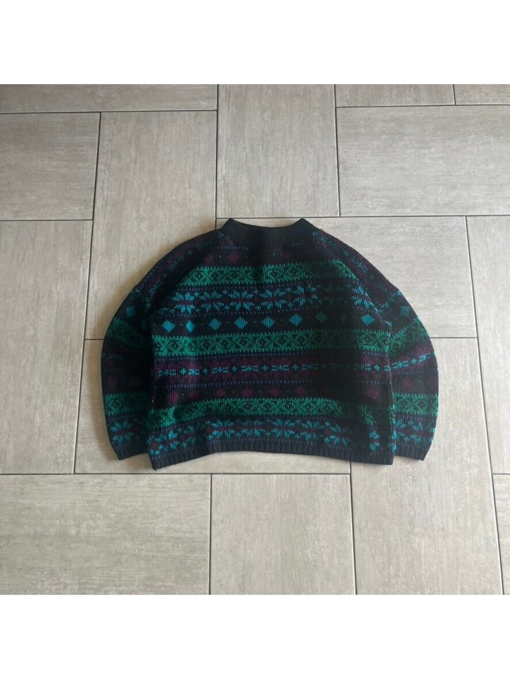 Vintage Spoiled Girls Patterned Knit Pullover Sweater Black Green Purple
